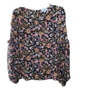 CeCe long balloon sleeve black floral blouse size L  B14